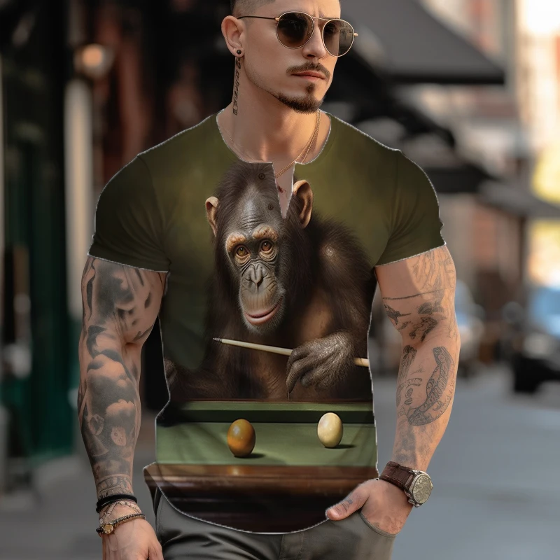 

Футболка с 3D принтом обезьяны играющей бильярд, летняя Свободная Повседневная футболка, уличная футболка с коротким рукавом, модные футболки, топы