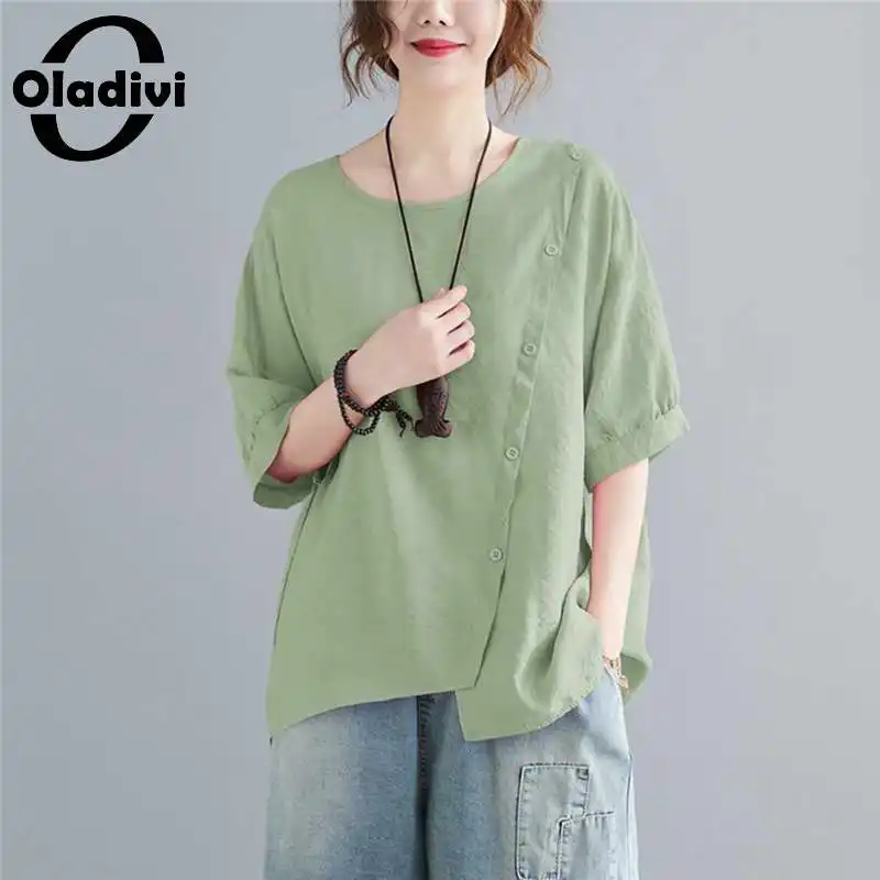 

Oladivi 5 Colors Oversized Women Solid Blouse Shirt Summer Short Sleeve Tops Ladies Casual Loose Tees Tunics Female Blusa L XXXL