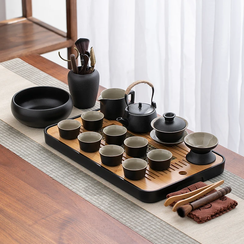 

Черный керамический чайный сервиз, роскошный набор ручной работы из фарфора, кунг-фу, набор чайников и чашек с подносом, кухонные принадлежности