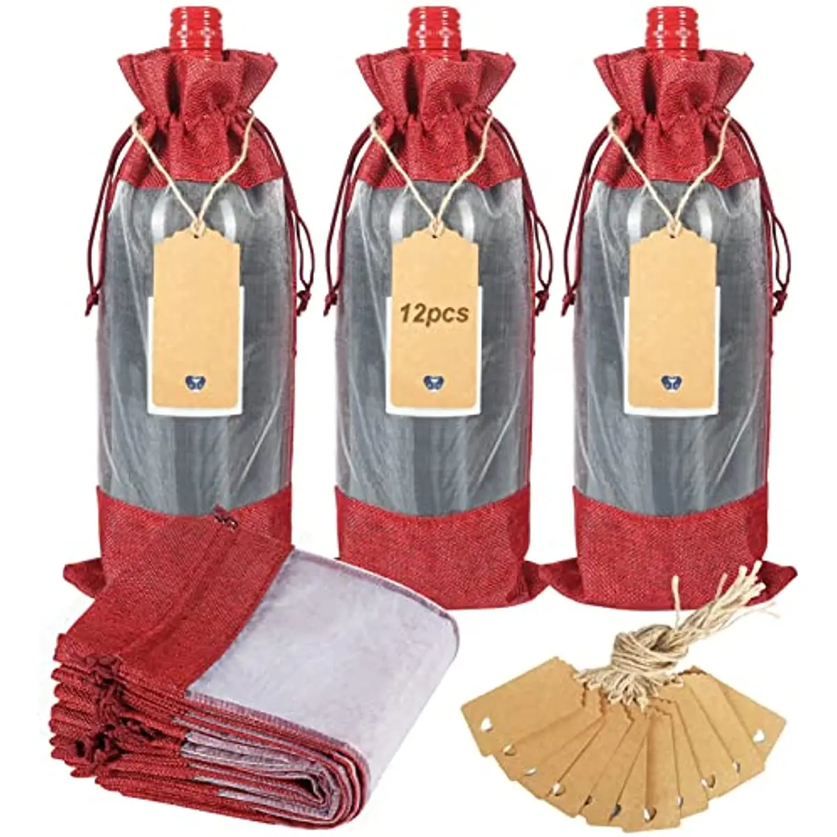 

12 Pcs/Lot Wine Gift Bag Burlap Wine Bags with Drawstring and Tags Strings with Sheer Window for Christmas Party Favors