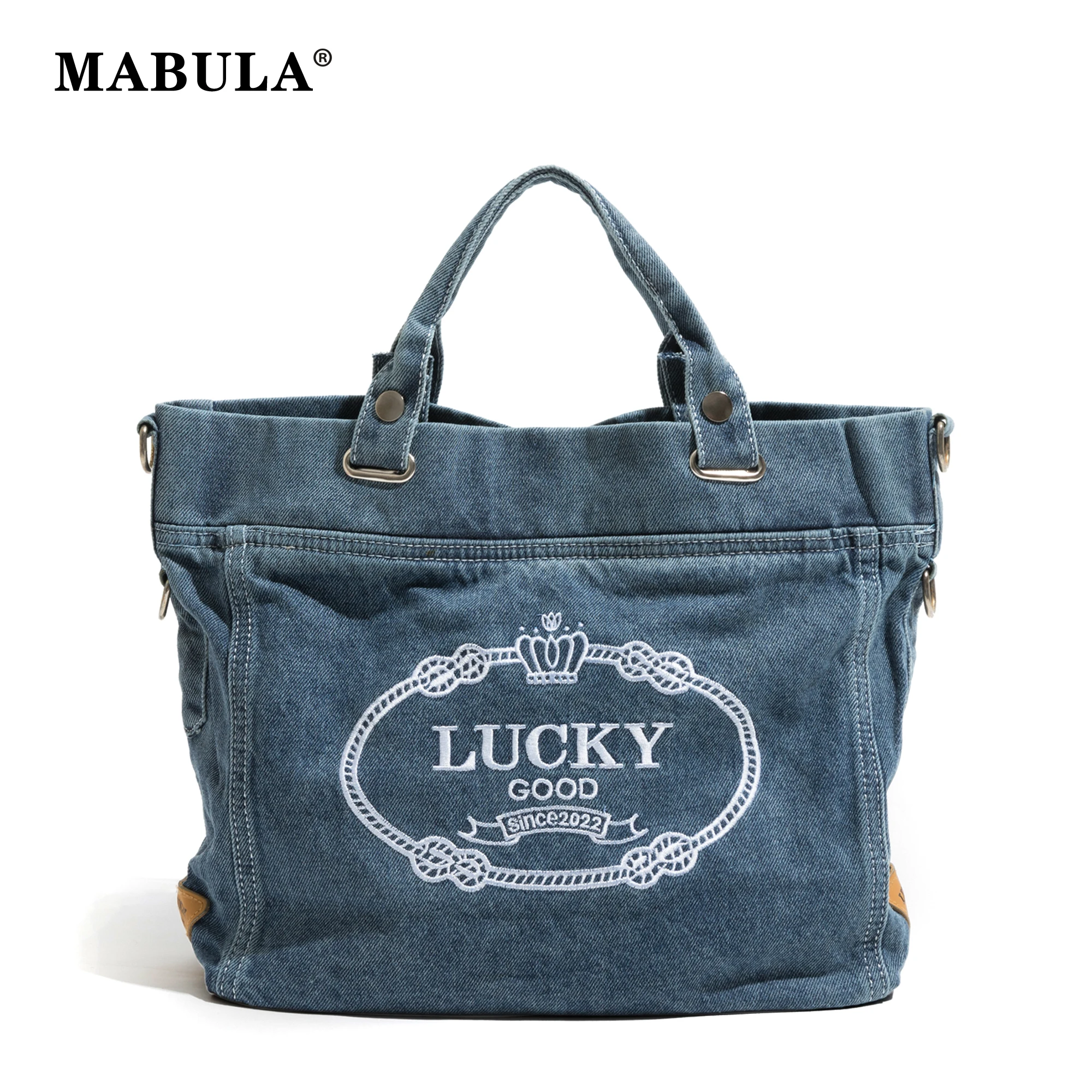 

MABULA Retro Printed Ladies Denim Shopper Handbag Square Brand Designer Crossbody Bag Vintage Big Women Work Purse