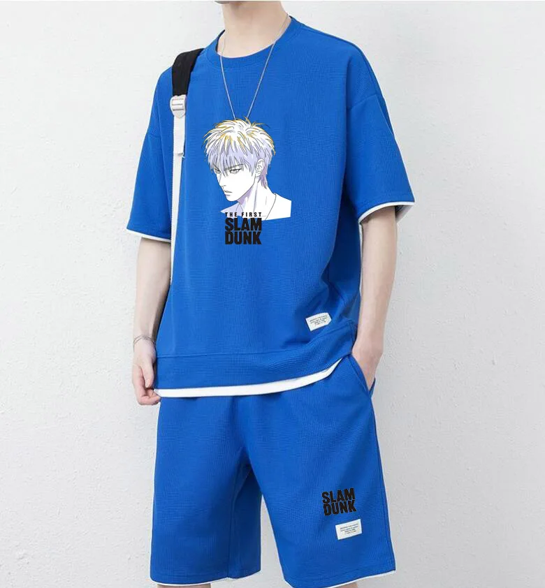 Summer Men Tops + Pants 2 Piece Set Slam Dunk Print Japanese Anime Casual T-shirt and Shorts Short Sleeve Basketball Sportswear