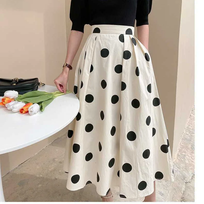 

Vintage Spring and Summer 2023 New High Elastic Waist Black Polka Dot Chiffon Print Fringe High Slit Skirt Female Fashion Trend