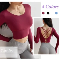 long sleeved women yoga clothes with chest pads quick drying anti shrink fitness shirts 2022 summer new indoor tight sports tops