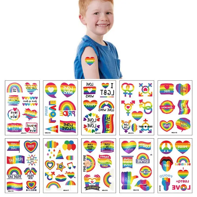 

10pcs Face Stickers Rainbow Temporary Waterproof Tattoos Gay Pride Day Rainbows Roses Flags Lips Love Hearts Tattoo Paper