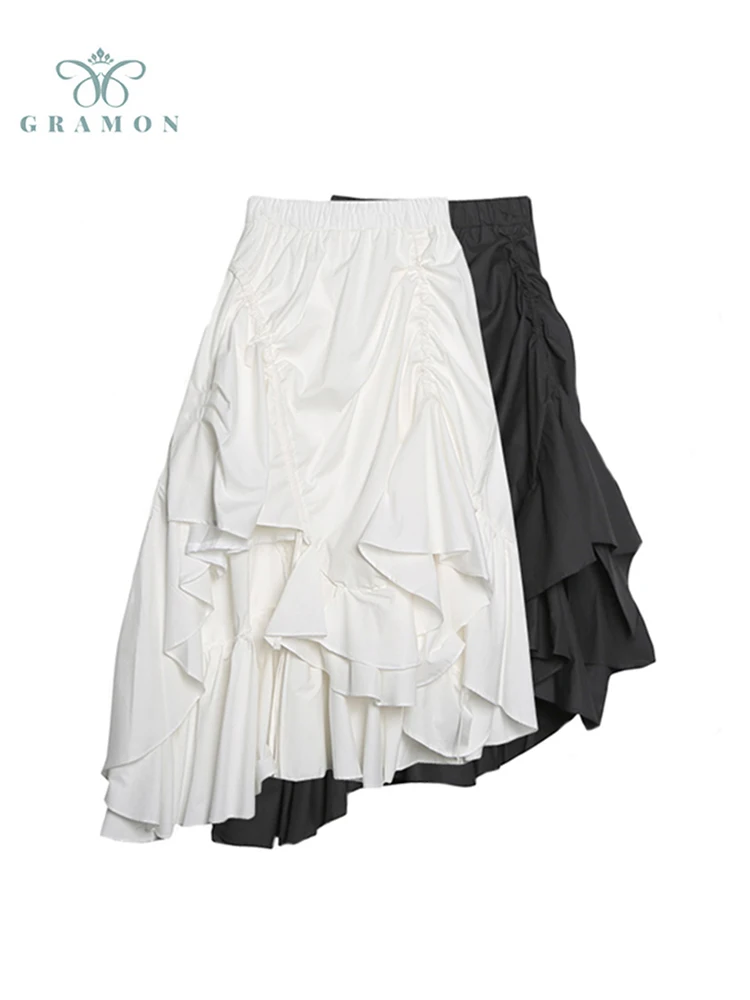 

Female 2022 Autumn Solid Color Mid-Length Asymmetrical Skirt Womens Casual Elastic Waist High Waist Pleated Hem A-Line Skirts