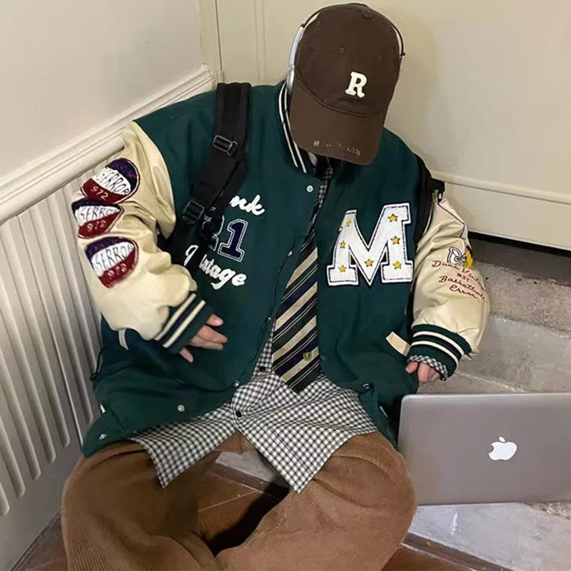 

2023 New American Retro Letter Embroidered Jackets Coat Men Y2K Street Hip Hop Trend Baseball Uniform Couple Casual Loose Jacket