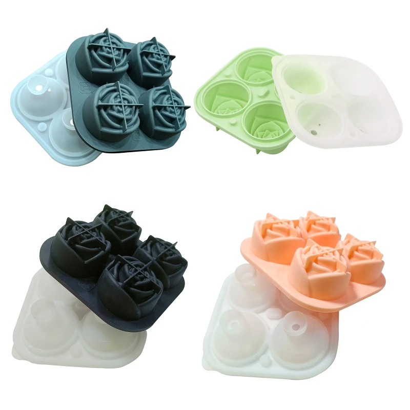 

Rose Silicone Ice Tray Flower Shape Ice Cube Maker Anti-leakage 4 Grids Reusable Ice Cube Mold for Bar