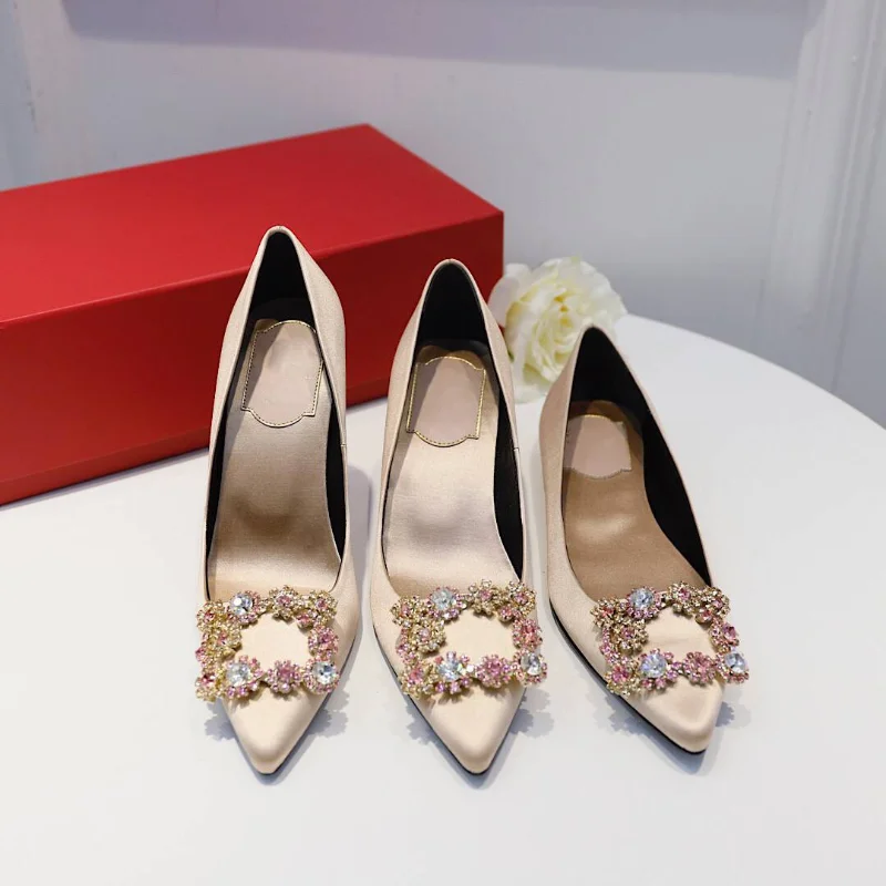 Pointed Women's Single Shoes New Fashion High Heels Banquet Rhinestone Square Buckle Flat Shoes Shallow Silk Wedding Shoes