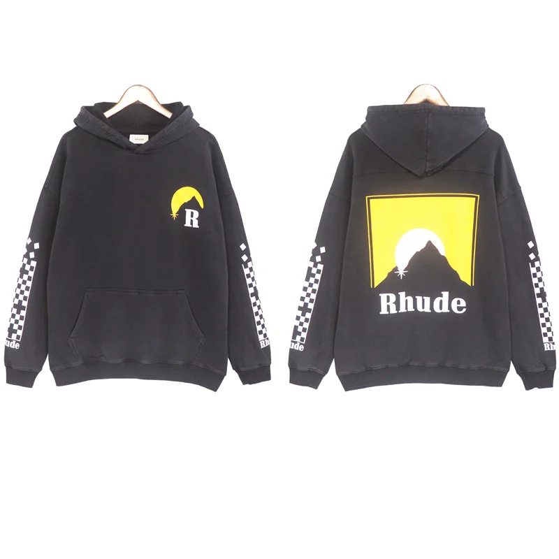 

Rhude Autumn And Winter New Style Washed Old High Street Retro Sunset Print Hoodie For Men And Women