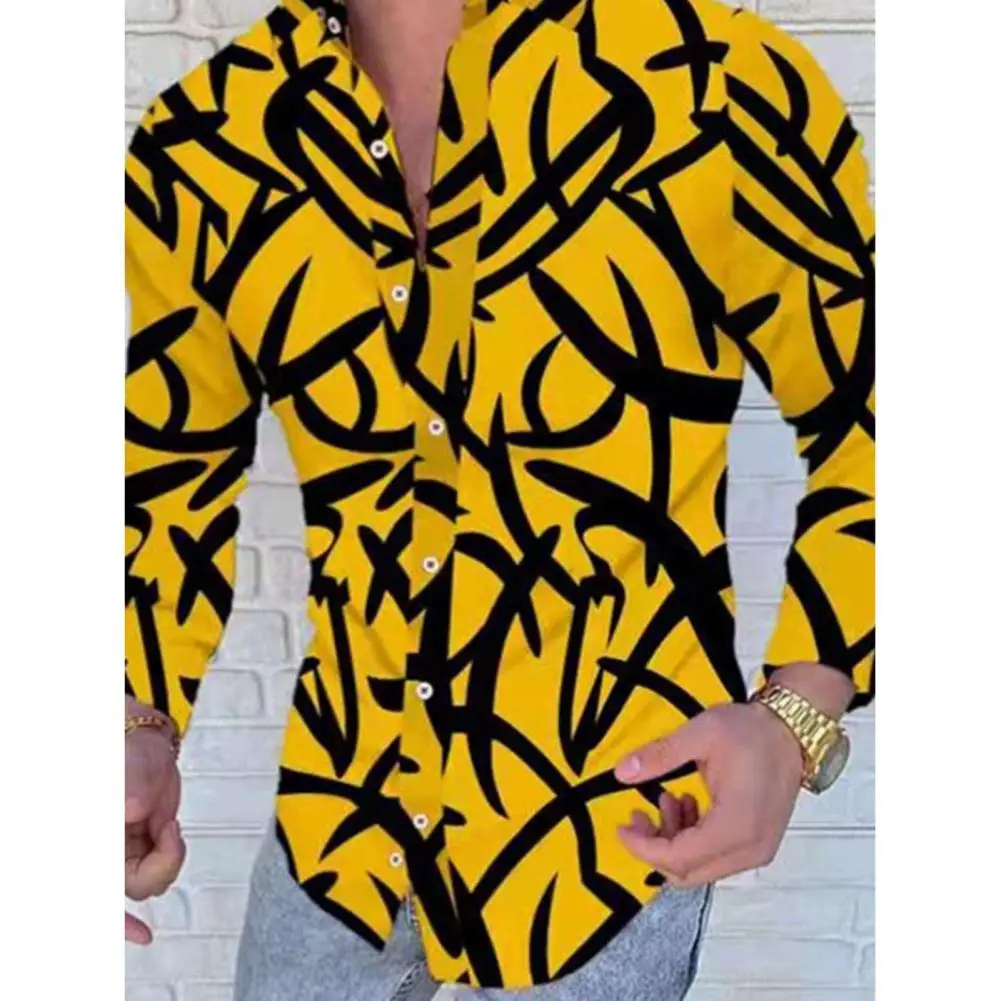 

Social Shirt Fashion Print Spring Autumn Breathable Attractive Turndown Collar Shirt Men Shirt for Party