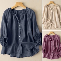 three quarter sleeve o neck oversized cotton shirt 2022 women summer solid color blouse fashion casual holiday tops