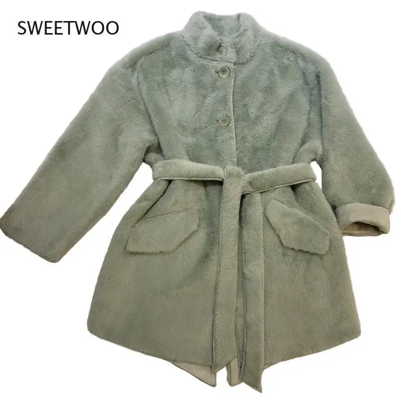 2022 Winter Thick Solid Women Fur Jacket Outwear Lady Faux Rabbit Fur Sashes Fashion Coats Female Warm Coat Contracted Slim Tide