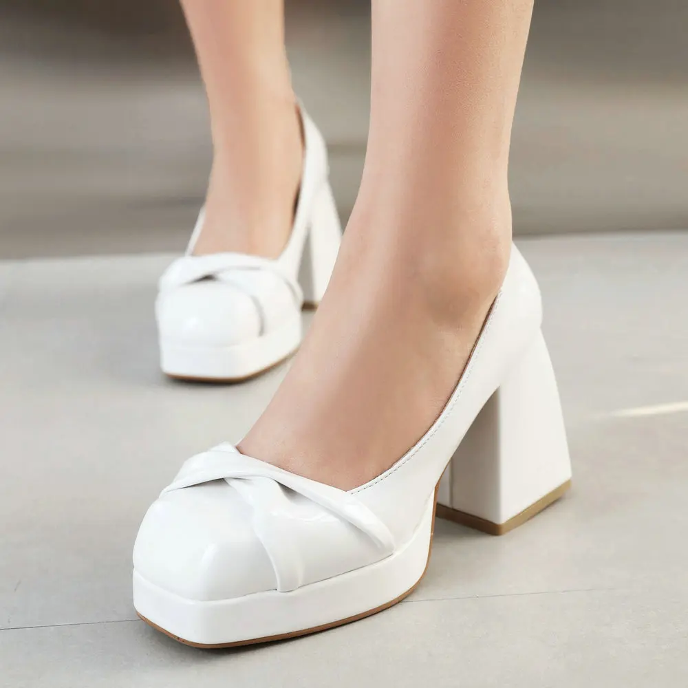 Women's Twist Knot Platform Chunky High Heels Fashion Elegant Lolita Square Toe Slip On Pumps Versatile Dress Shoes White Pink