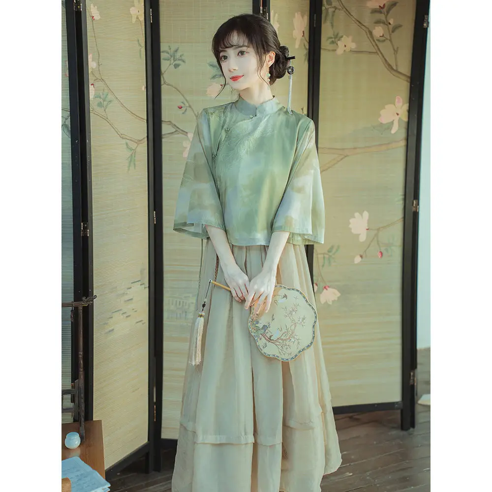 

2023 summer new chinese tea half sleeve hanfu han element zen style retro improved cheongsam qiapo dress two-piece set g678