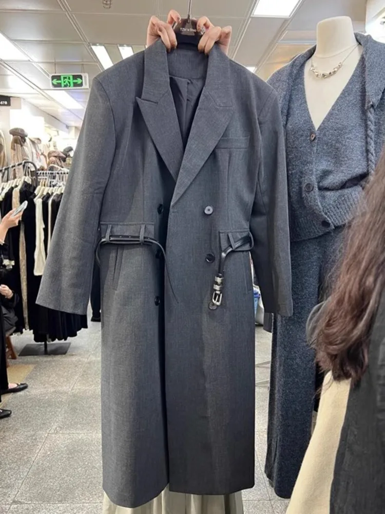 

UCXQ Double Breasted Length Blazer Coat Women Long Sleeve With Belt Fashion Outwears Khaki Trench 2023 Autumn Winter New 23A5927