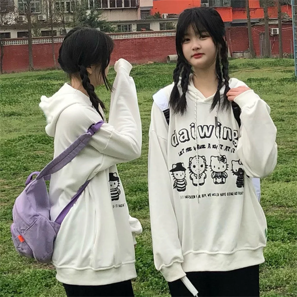 

Толстовка Женская с длинным рукавом, Белый Свободный Топ в японском стиле, винтажный свитшот с животным принтом, одежда на осень