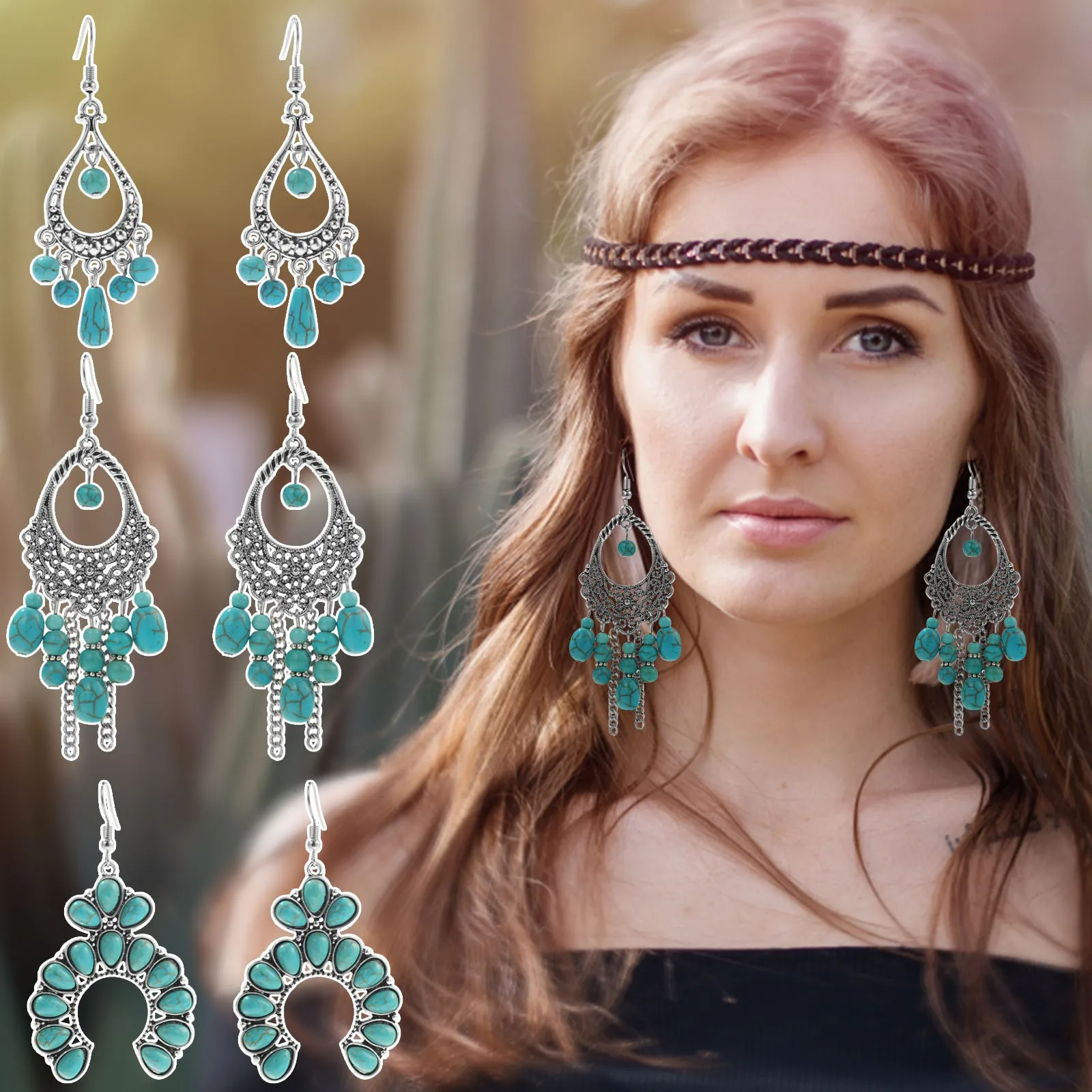 

1 Pair Bohemian Vintage Dangle Earrings Retro Turquoise Earrings Boho Dangle Drop Earrings For Heart Dangle Earrings for Women