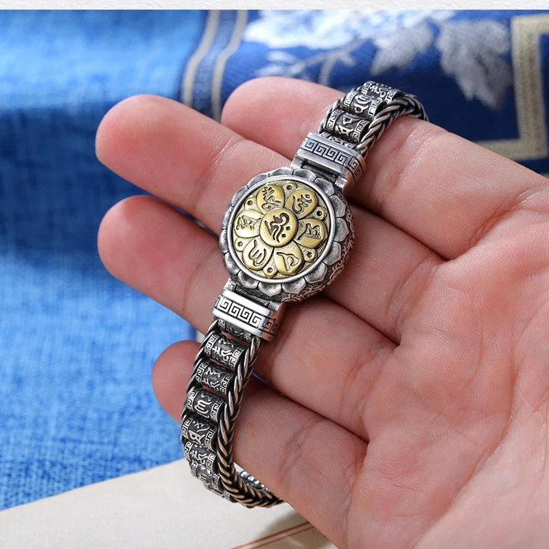 

Personality 925 Silver Rotating Tube Bangle For Men Jewelry Buddhist Prajna Heart Sutra Pestle Pattern Bangle Women Accessories