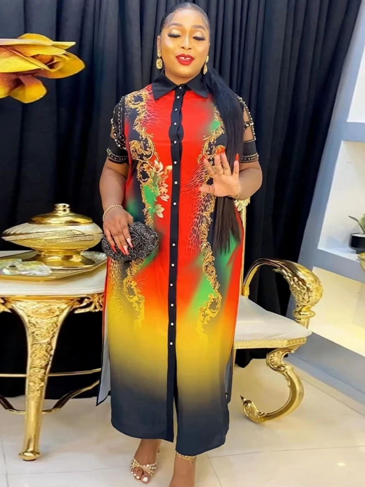 

Summer Autumn Short Sleeve Maxi Dress African Ladies Rich Bazin Golden Print Vintage Ankle Length Women Party Long Dress