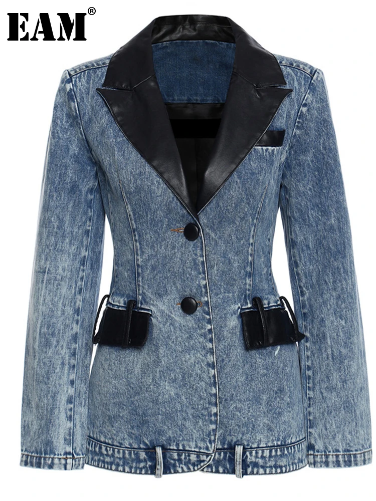 

[EAM] Women Pu Leather Stitch Denim Blazer New Notched Long Sleeve Loose Fit Jacket Fashion Tide Spring Autumn 2022 1DD2286