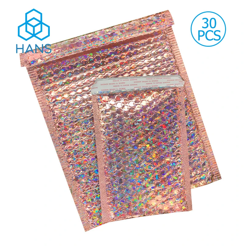 Laser Holographic Metallic Bubble Mailers 30Pack Pink Self-adhesive Padded Mailing Envelopes, Rose Red Cushion Envelopes