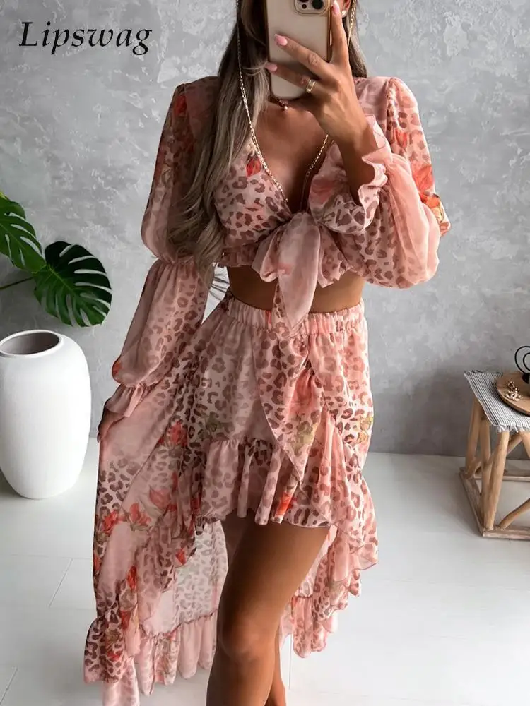 

Sexy Navel Irregular Skirt Suit Fashion Long Sleeve Tops + Skirt Set Casual Print Bow Lace Up Tops Elastic Waist Beach Skirt Set