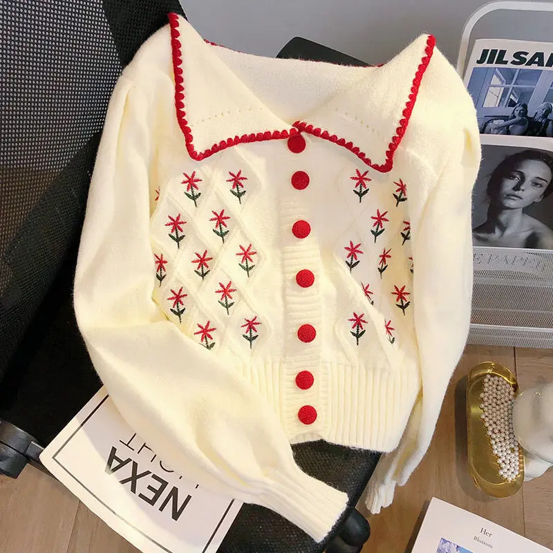 

Hikigawa Turn Down Collar Cardigan All Match Contrast Color Sweet Knitted Cardigan Floral Embroidery Chic Fashion Women Jumpers