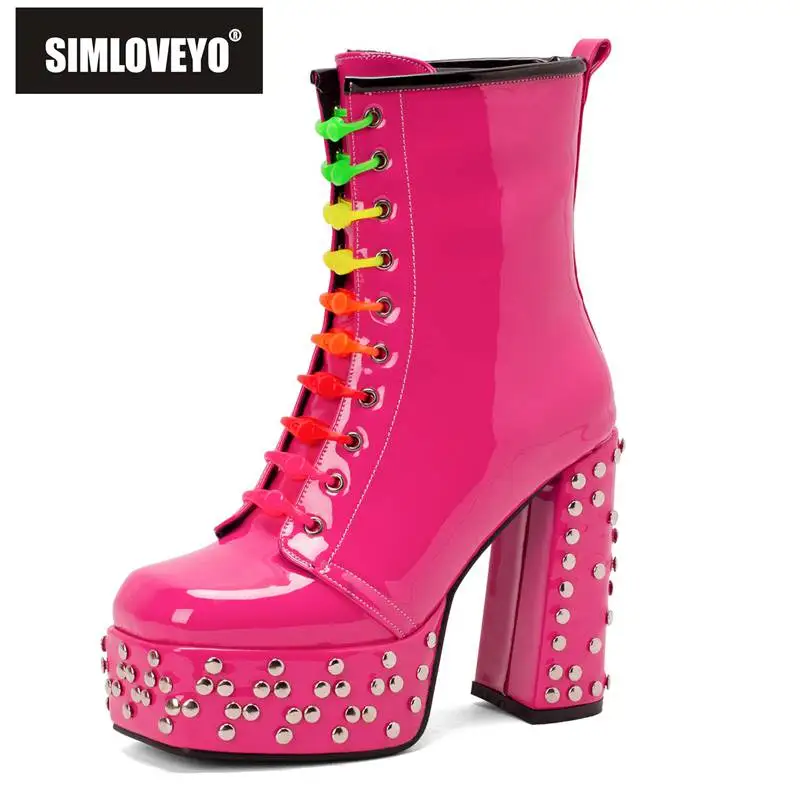 

SIMLOVEYO Fashion Women Mid-calf Boots 15.5cm Platform 4.5cm Block High Heels 12.5cm Lace-up Rivets Plus Size 33-48 Square Toe