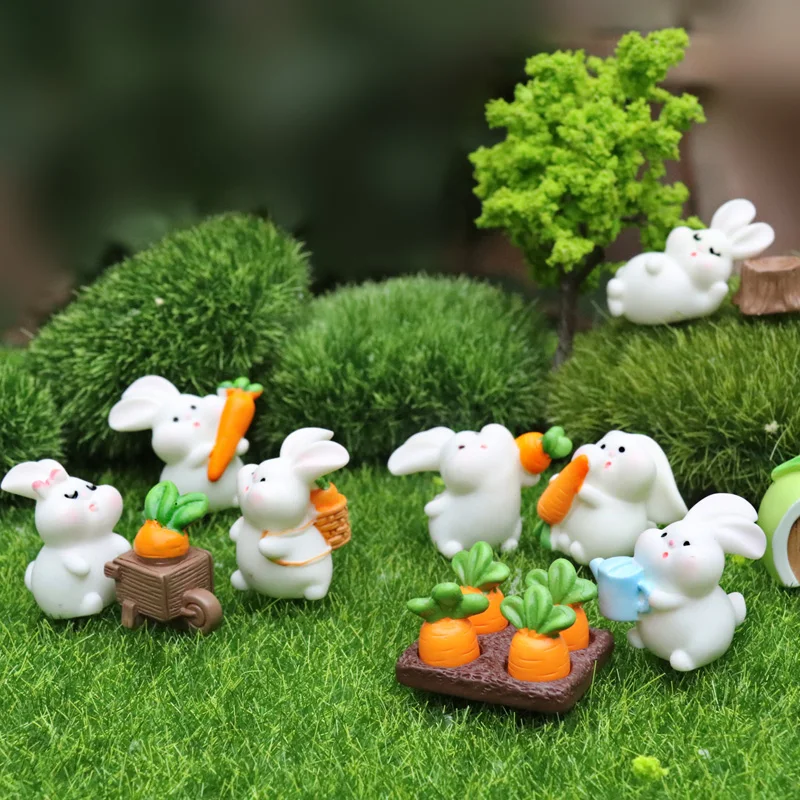 

New Figurines Miniature Cartoon White Rabbit Micro Landscape Ornaments For Home Decoration Kawaii Animal Room Decor Accessories