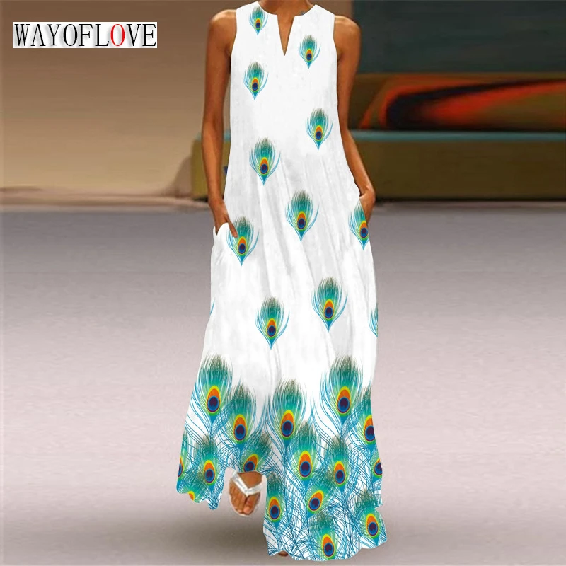 

WAYOFLOVE Ladies Spring Summer White Long Dress Sleeveless Loose V-neck Casual Beach Dresses Party Feather Print Dress For Women