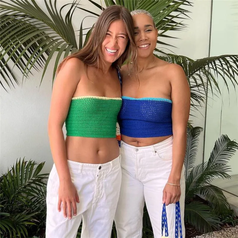 

2022 Summer Knitted Strapless Sexy Crop Top Women Y2K Patchwork Sleeveless Backless Woman Tank Tops Vintage Bandage Haut Femme