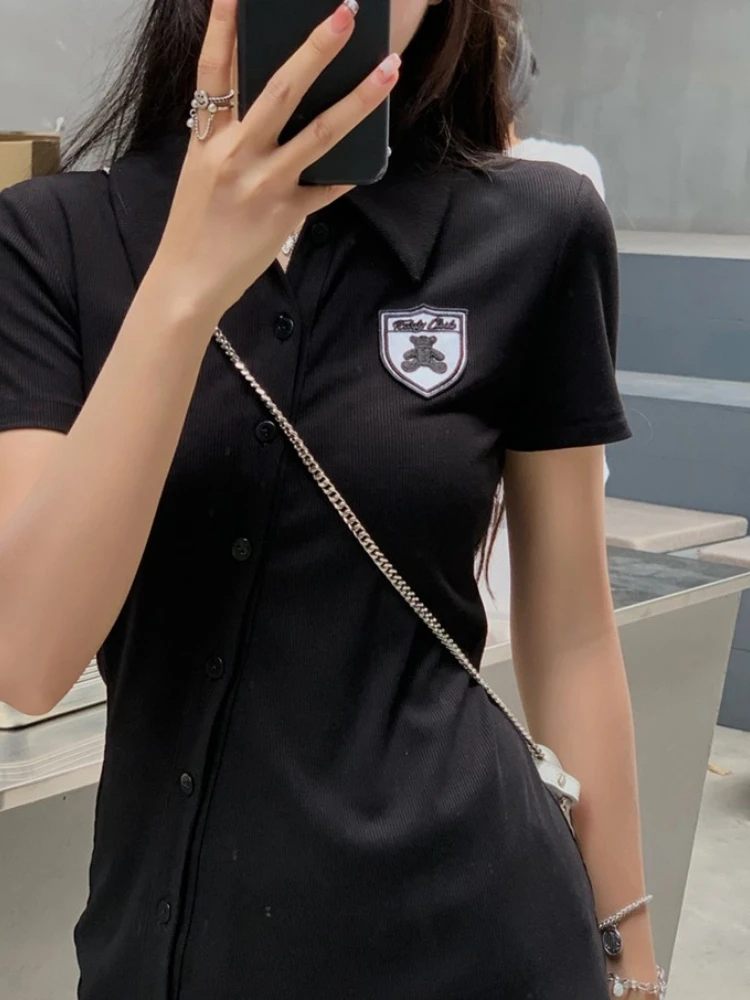 

Однотонное Платье-поло с воротником для женщин, Новинка лета 2022, корейская мода, винтажная, приталенная, в стиле преппи, модная женская юбка ...