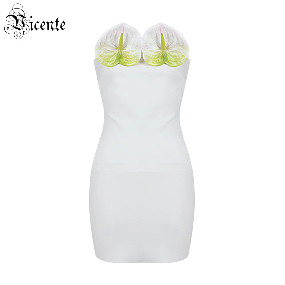 

VC White Bandage Mini Dress Women Strapless Anthurium Design Back With Zipper Slim Vestido Feminino 2023 Summer New Fashion