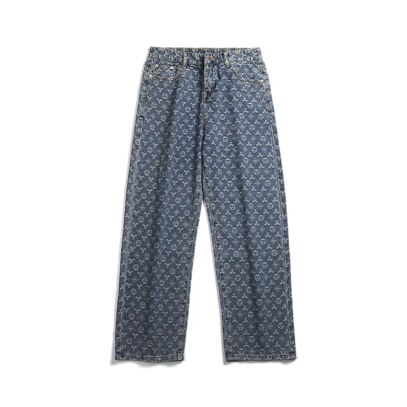 American Retro Jacquard Jeans Men Autum Summer Thin Street Ruffian Handsome Loose Pants Straight Drop Vintage Denim Distressed