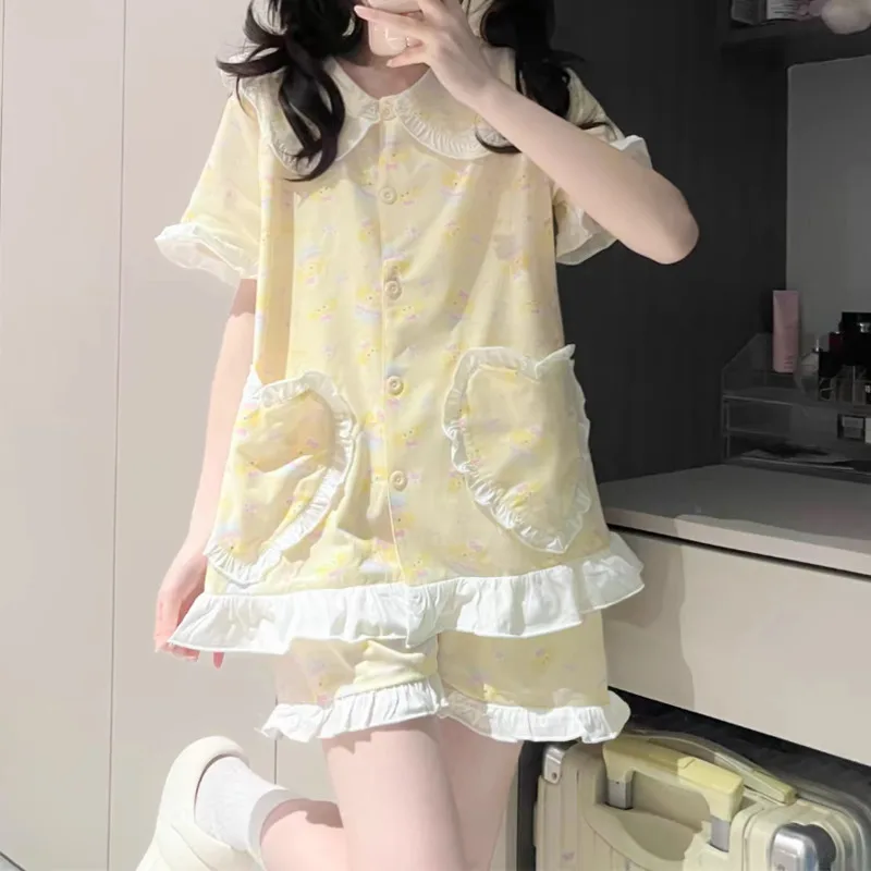 Милая мультяшная одежда для сна с рюшами женщин комплект из 2 предметов корейская