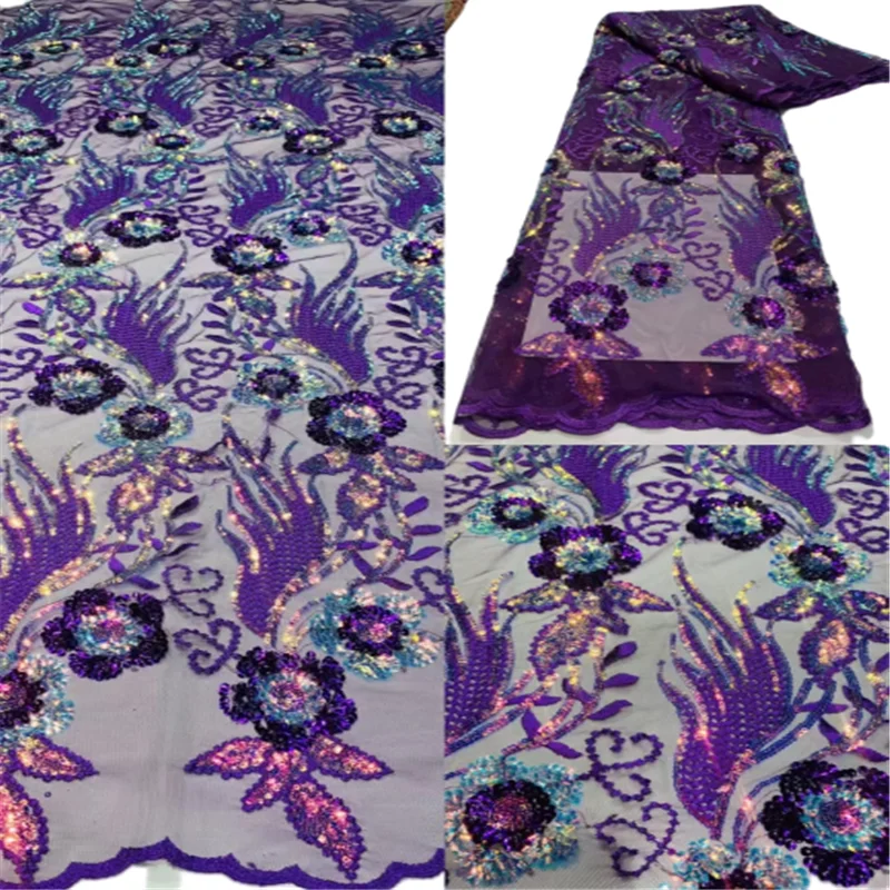 

Лидер продаж, нигерийская Свадебная кружевная ткань с блестками, 2022, Высококачественная фиолетовая французская африканская кружевная ткан...