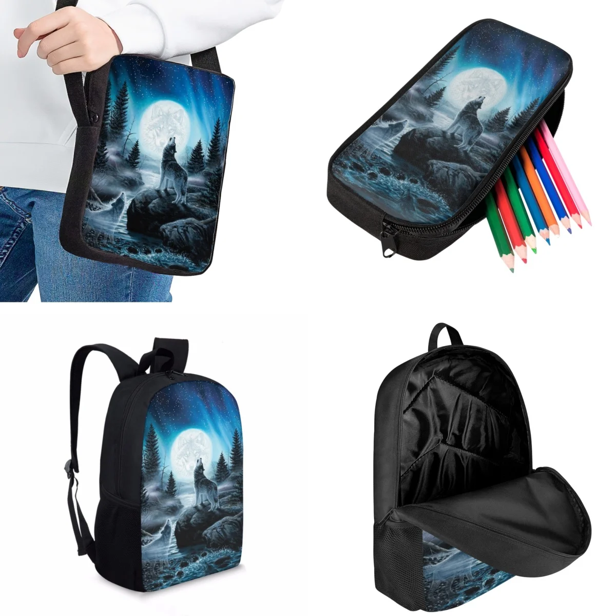 Jackherelook Trendy New Teenagers School Bag Set Full Moon Wolf Pattern Print Fashion Kids Book Bags College Student Laptop Bag