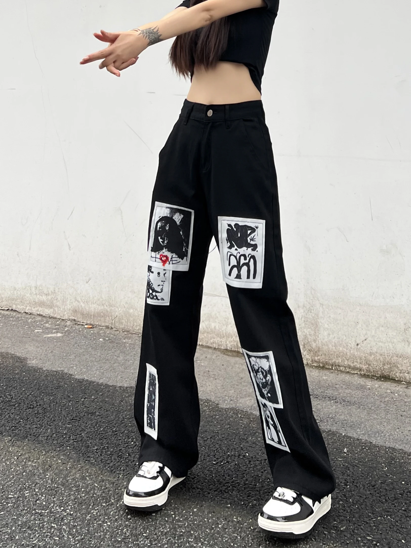 Graffiti American Style Print Women's Black Jeans Denim Pant trousers hip hop hippie clothes 2023 harajuku streetwear y2k summer