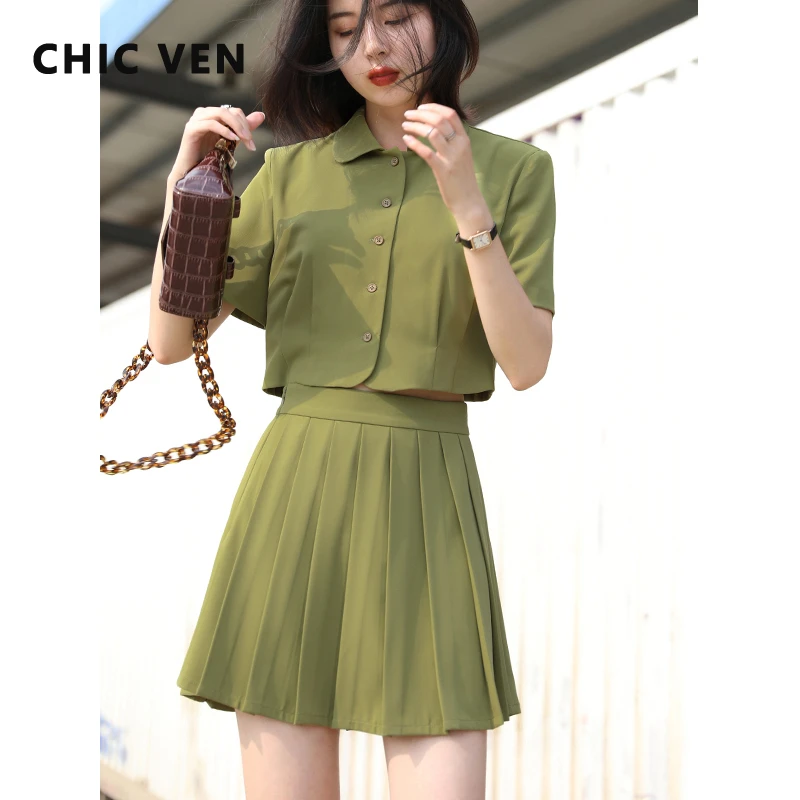 

CHIC VEN Women's Skirt Suits Retro College Style Short Sleeve Shirt Pleated Skirt Solid Woman Office Lady Female Summer 2022