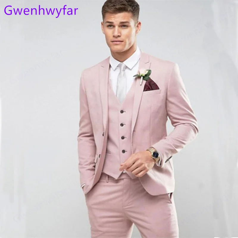 

Gwenhwyfar Fall 2022 Blushing Pink 3-Piece Suits for Men Peak Lapel Two Buttons Bridegroom Wedding Tuxedo Prom Dress Set