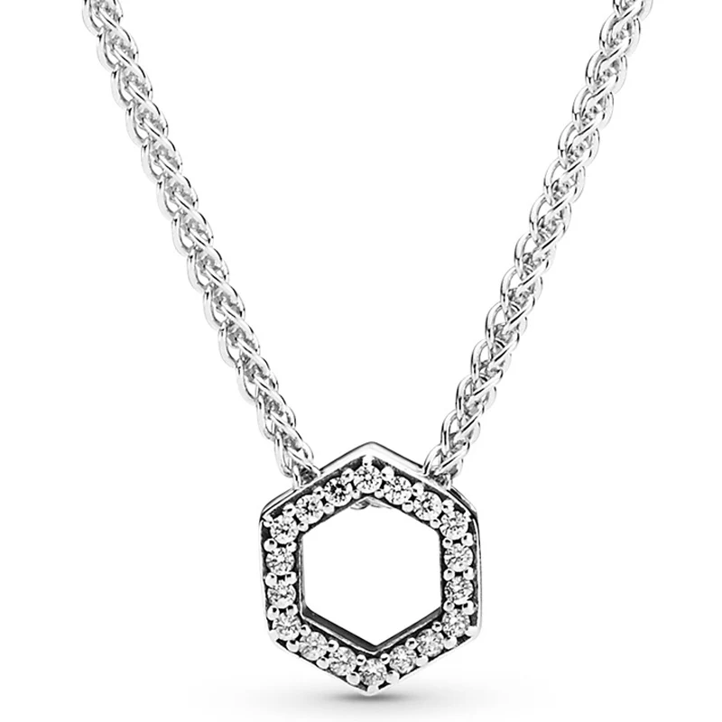 

Original Sparkling Honeycomb Hexagon Collier Chain Link Necklace For 925 Sterling Silver Bead Charm Bracelet Europe Diy Jewelry