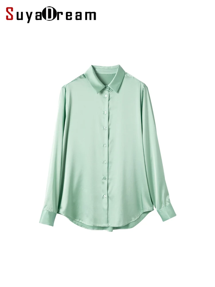 SuyaDream Woman Dress Shirts 93%Mulberry Silk 7%Spandex Turn Down Collar Solid Button Blouses 2023 Spring Summer Office Lady Top