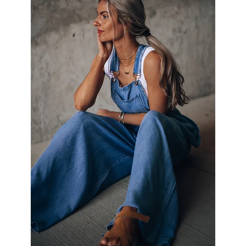 

Джинсовый комбинезон с широкими штанинами, женский свободный комбинезон с карманами и высокой эластичной талией, Женский Повседневный Модный комбинезон без рукавов, весна 2023