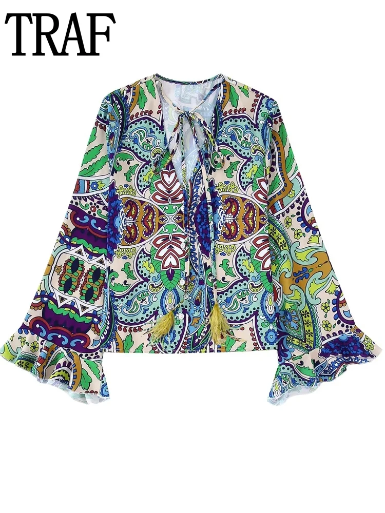 

Топ женский летний с принтом, рюшами и длинным рукавом, на пуговицах