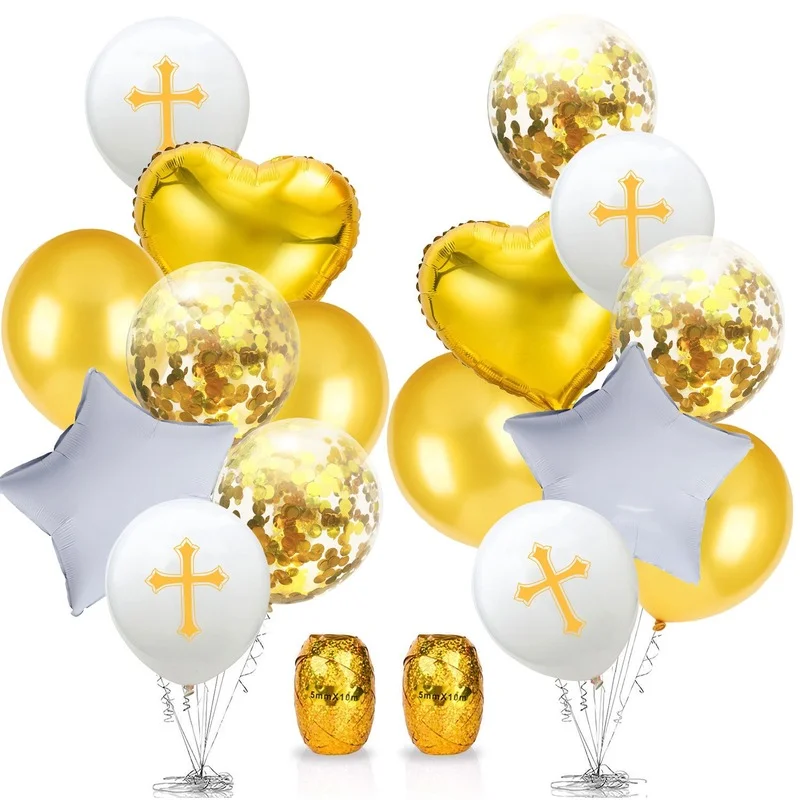 

Happy Easter God Bless Cross Latex Balloons Star Aluminum Balloon Baptism Forked Holy Communion Party Christening Decoration
