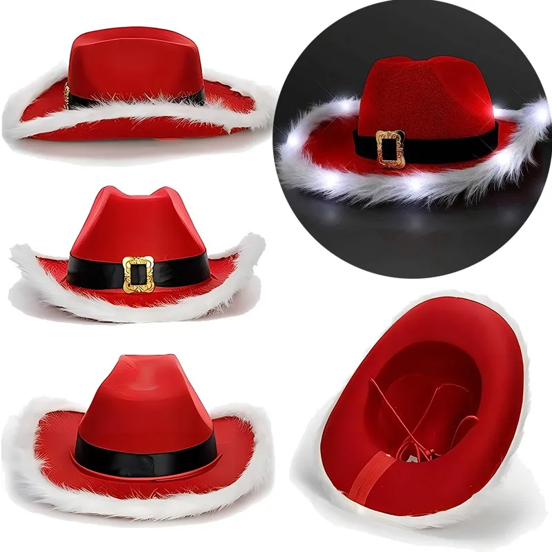 

Luminous Christmas Feather with Lamp Black Belt Cowboy Hat Western Cowboy Red Fasionable Cap Santa Claus Fur Edge Luminous Hats