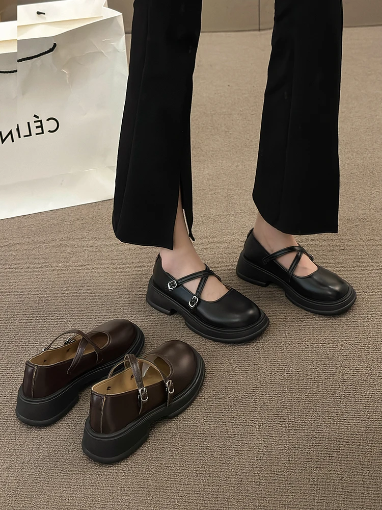 

Womens Derby Shoes Shallow Mouth Round Toe Female Footwear Casual Sneaker British Style Clogs Platform Autumn Leather New Dress