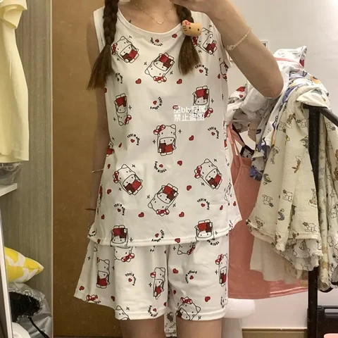 Sanrio Kawaii Anima Hello Kitty летний пижамный комплект милые Мультяшные шорты с коротким рукавом Домашняя одежда прекрасный подарок для девочек