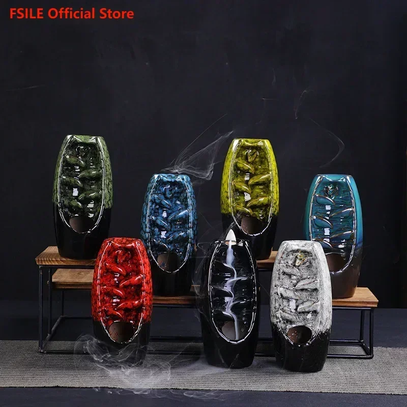 

FSILE Reverse Flow Ceramic Incense Burner Creative Home Zen Decoration Return Flow Sandalwood Kiln Transforms Into Aroma Burner